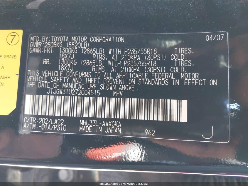 2007 Lexus Rx 400h VIN JTJGW31U272004515 IAAI salvage auction — NORMAL WEAR, Salvage (California), sold $1,075 on 2026-07-29 (photo 9)