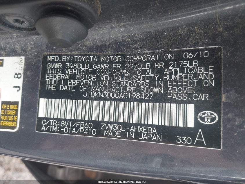 2010 Toyota Prius VIN JTDKN3DU0A0198427 IAAI salvage auction — NORMAL WEAR, Clear (Virginia), sold $650 on 2026-07-21 (photo 9)