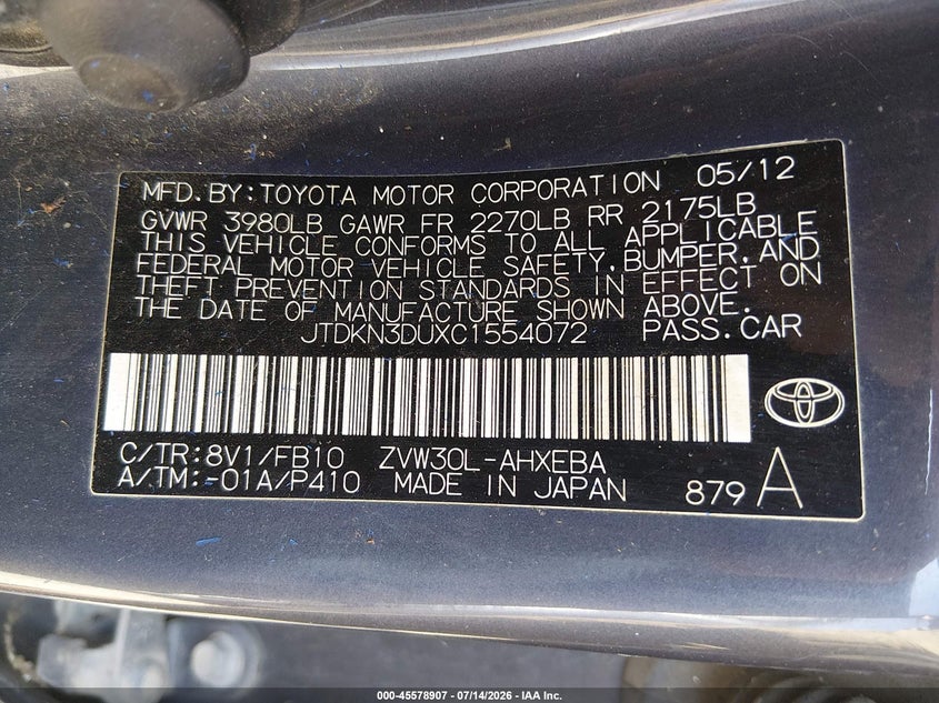2012 Toyota Prius VIN JTDKN3DUXC1554072 IAAI salvage auction — NORMAL WEAR, Clear (Arkansas), sold $75 on 2026-07-23 (photo 9)