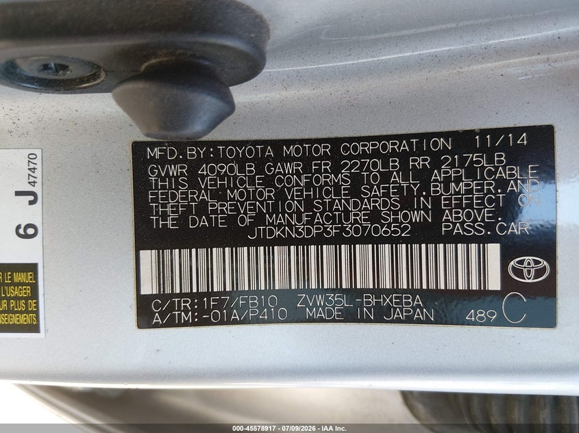 2015 Toyota Prius VIN JTDKN3DP3F3070652 IAAI salvage auction — RIGHT FRONT, Salvage (California), sold $2,250 on 2026-07-31 (photo 9)