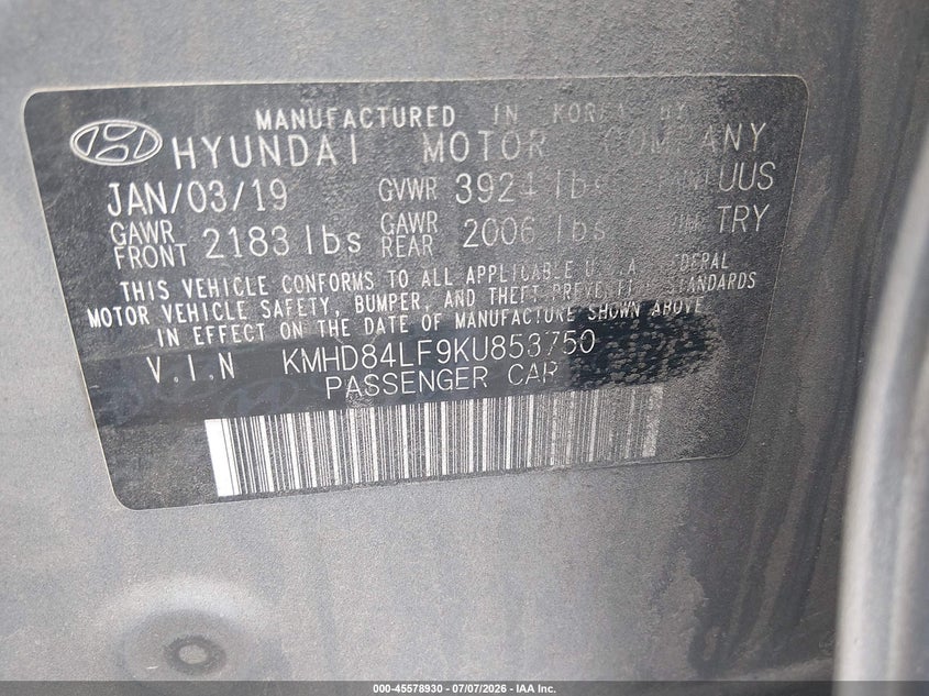 2019 Hyundai Elantra VIN KMHD84LF9KU853750 IAAI salvage auction — NORMAL WEAR, Salvage Title, sold $3,150 on 2026-07-20 (photo 9)