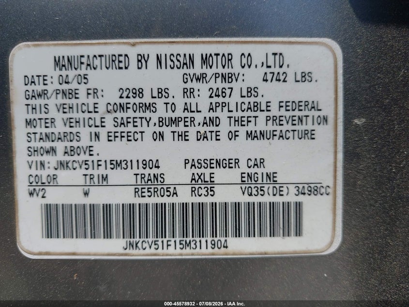 2005 Infiniti G35 VIN JNKCV51F15M311904 IAAI salvage auction — NORMAL WEAR, Clear-Dealer Only (North Carolina), sold $25 on 2026-07-21 (photo 9)