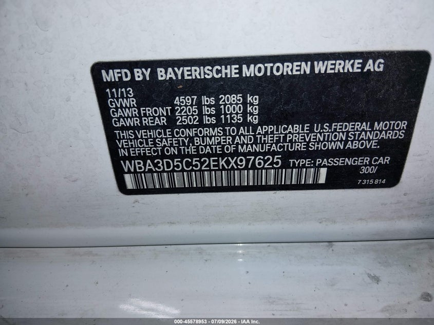 2014 BMW 3er VIN WBA3D5C52EKX97625 IAAI salvage auction — FRONT END, Salvage (Idaho), sold $1,400 on 2026-08-21 (photo 9)