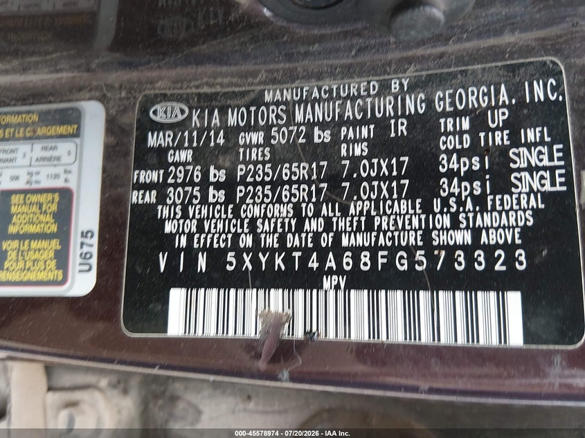 2015 Kia Sorento VIN 5XYKT4A68FG573323 IAAI salvage auction — NORMAL WEAR, Clear (Virginia), sold $625 on 2026-07-28 (photo 9)