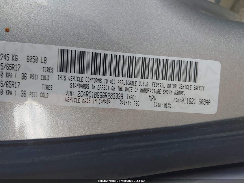 2016 Chrysler Town & country VIN 2C4RC1BG6GR283339 IAAI salvage auction — NORMAL WEAR, Clear (New York), sold $675 on 2026-07-11 (photo 9)