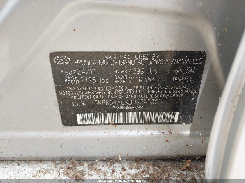 2011 Hyundai Sonata VIN 5NPEC4ACXBH254530 IAAI salvage auction — NORMAL WEAR, Clear (Virginia), sold $350 on 2026-07-27 (photo 9)