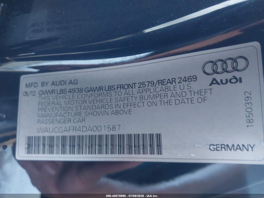 2013 Audi S5 VIN WAUCGAFR4DA001587 IAAI salvage auction — FRONT END, Salvage (California), sold $2,900 on 2026-07-28 (photo 9)