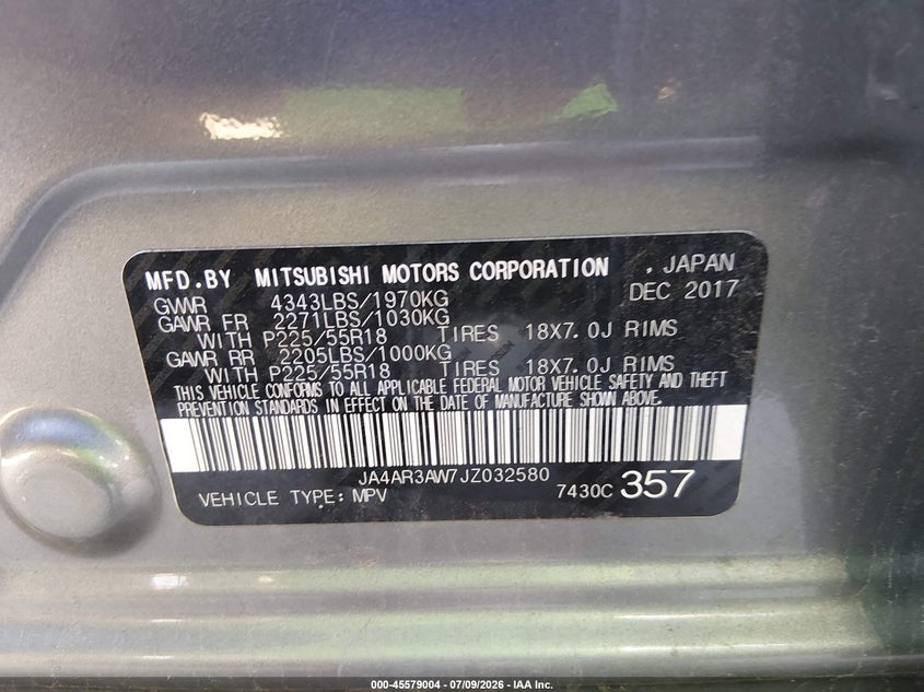 2018 Mitsubishi Outlander VIN JA4AR3AW7JZ032580 IAAI salvage auction — NORMAL WEAR, Original (New Hampshire), sold $25 on 2026-07-29 (photo 9)