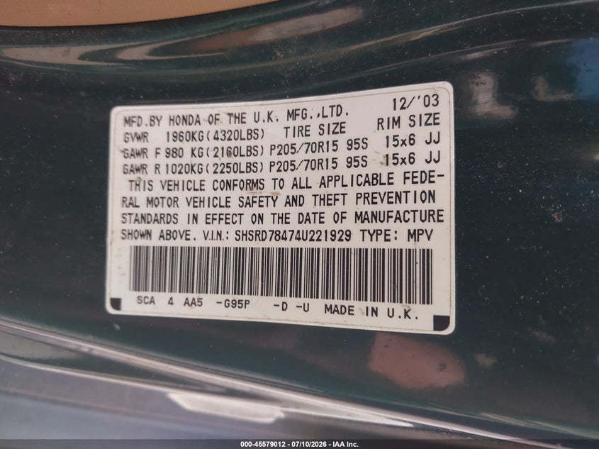 2004 Honda Cr-v VIN SHSRD78474U221929 IAAI salvage auction — NORMAL WEAR, Clear (Massachusetts), sold $425 on 2026-07-24 (photo 9)