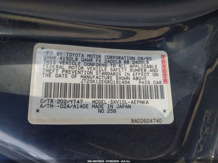 1994 Toyota Camry VIN JT2SK12E6R0191494 IAAI salvage auction — FRONT END, Salvage (California), sold $325 on 2026-07-23 (photo 9)