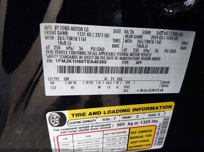 2026 Ford Expedition VIN 1FMJK1H86TEA40360 IAAI salvage auction — REAR END, Rebuildable (Florida), sold $16,800 on 2026-07-30 (photo 9)