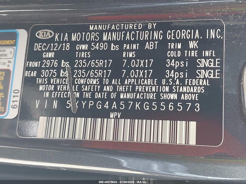 2019 Kia Sorento VIN 5XYPG4A57KG556573 IAAI salvage auction — NORMAL WEAR, Clear (Florida), sold $3,050 on 2026-07-16 (photo 9)