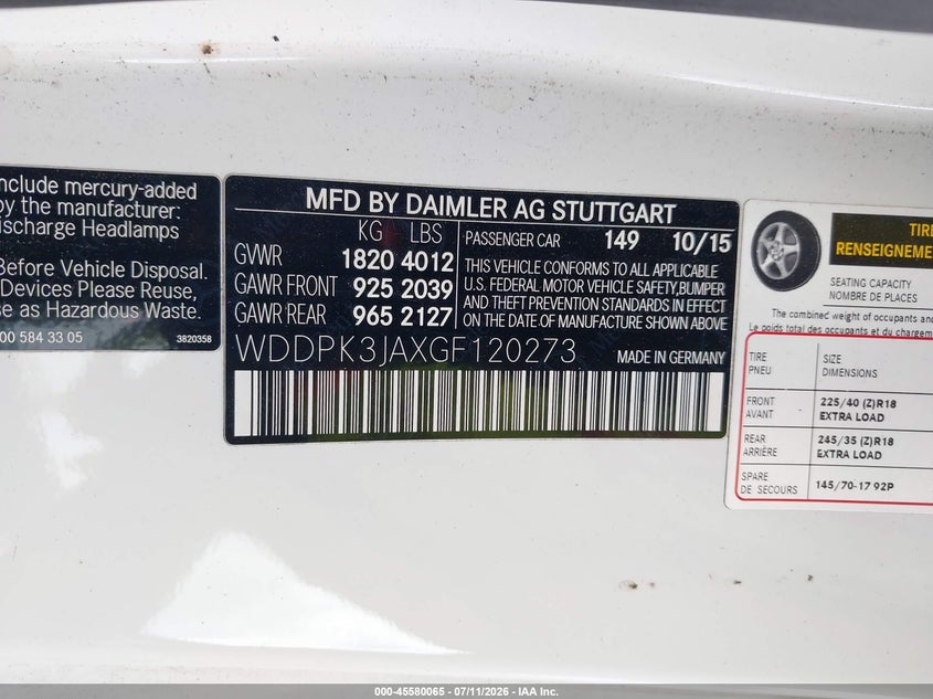 2016 Mercedes-benz Slk-klasse VIN WDDPK3JAXGF120273 IAAI salvage auction — REAR END, Salvage (Texas), sold $5,325 on 2026-08-12 (photo 9)