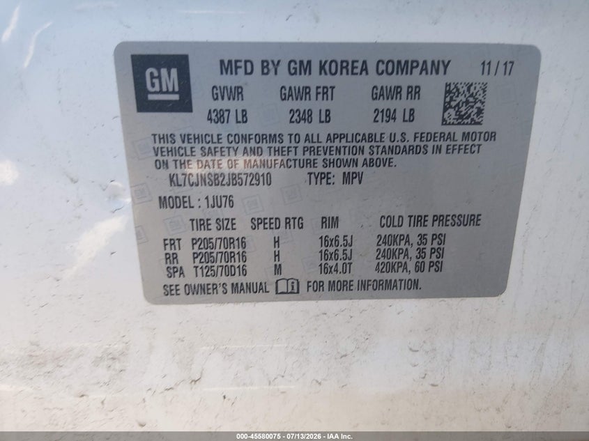 2018 Chevrolet Trax VIN KL7CJNSB2JB572910 IAAI salvage auction — RIGHT SIDE, Salvage Title, sold $1,050 on 2026-07-23 (photo 9)