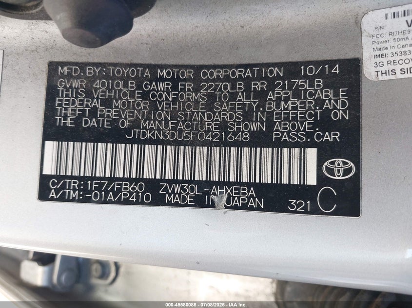 2015 Toyota Prius VIN JTDKN3DU5F0421648 IAAI salvage auction — LEFT FRONT, Salvage (California), sold $1,500 on 2026-07-22 (photo 9)
