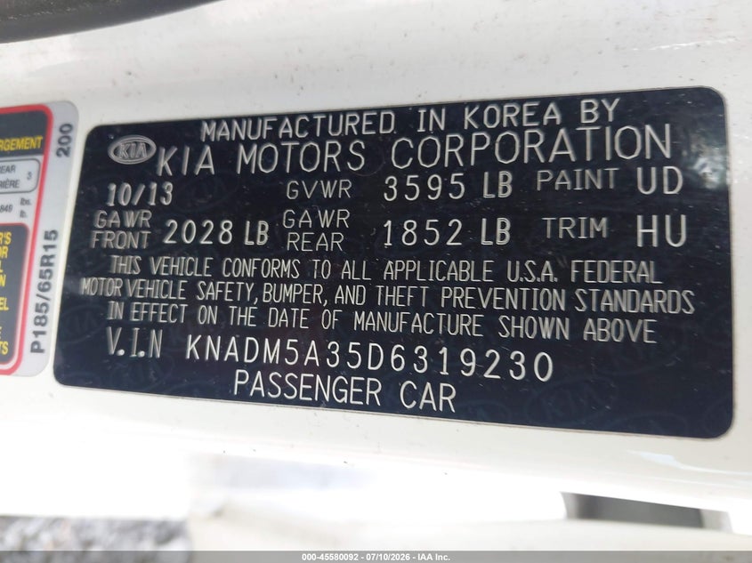 2013 Kia Rio VIN KNADM5A35D6319230 IAAI salvage auction — VANDALISM, Mv-907A (New York), sold $50 on 2026-07-28 (photo 9)