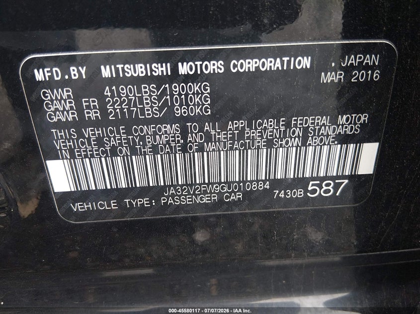 2016 Mitsubishi Lancer VIN JA32V2FW9GU010884 IAAI salvage auction — NORMAL WEAR, Clear (Delaware), sold $725 on 2026-07-27 (photo 9)