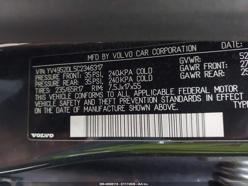 2012 Volvo Xc60 VIN YV4952DL5C2346317 IAAI salvage auction — FRONT END, Salvage (Tennessee), sold $25 on 2026-07-29 (photo 9)