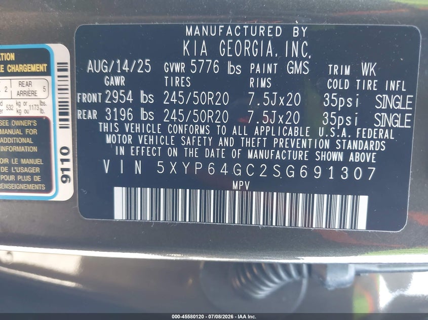 2025 Kia Telluride VIN 5XYP64GC2SG691307 IAAI salvage auction — FRONT END, Clear (Florida), sold $8,600 on 2026-07-15 (photo 9)