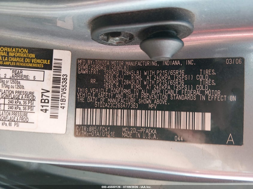 2006 Toyota Sienna VIN 5TDZA23C26S477363 IAAI salvage auction — NORMAL WEAR, Clear (New Jersey), sold $975 on 2026-07-14 (photo 9)