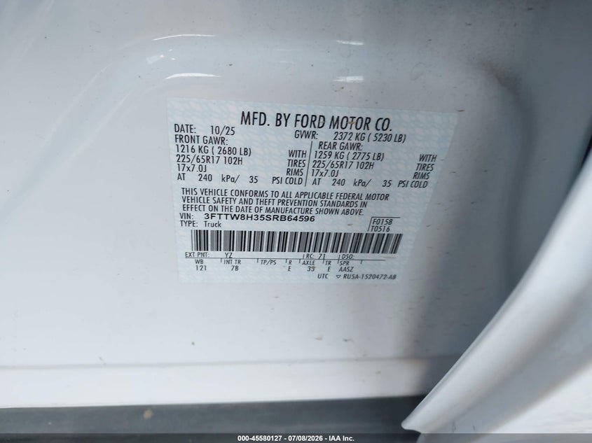 2025 Ford Maverick VIN 3FTTW8H35SRB64596 IAAI salvage auction — REAR END, Salvage Title, sold $25 on 2026-07-24 (photo 9)