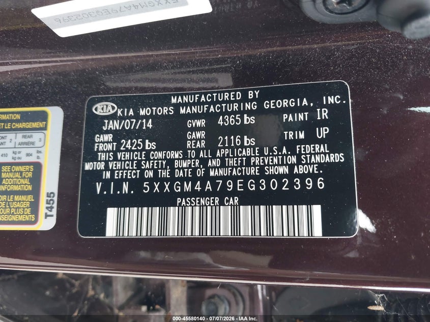 2014 Kia Optima VIN 5XXGM4A79EG302396 IAAI salvage auction — NORMAL WEAR, Clear (Tennessee), sold $375 on 2026-07-28 (photo 9)