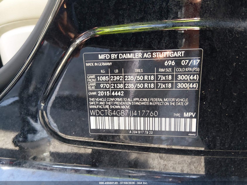 2018 Mercedes-benz Gla-klasse VIN WDCTG4GB7JJ417760 IAAI salvage auction — SIDE, Salvage (Louisiana), sold $5,100 on 2026-08-01 (photo 9)