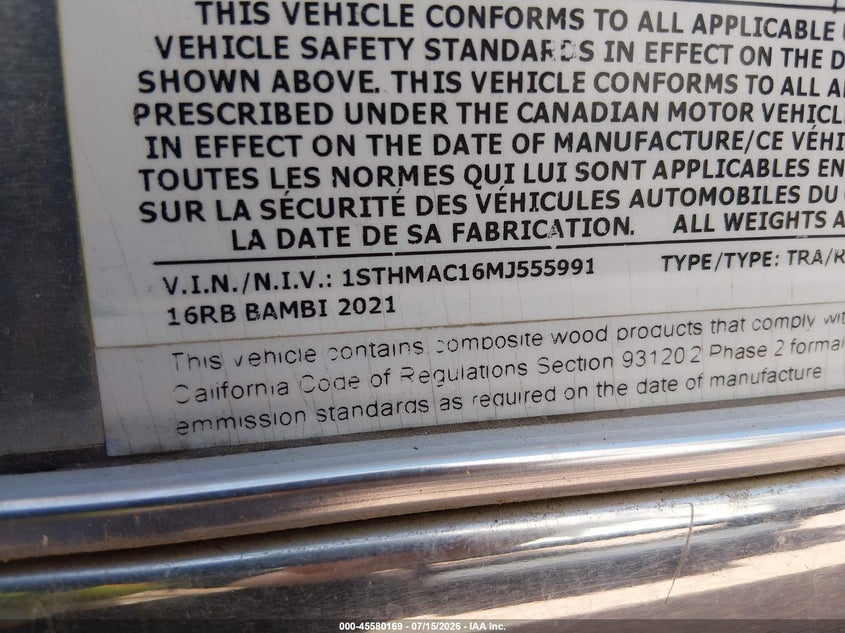 2021 Airstream Other VIN 1STHMAC16MJ555991 IAAI salvage auction — HAIL, Salvage (Colorado), sold $17,150 on 2026-08-19 (photo 9)