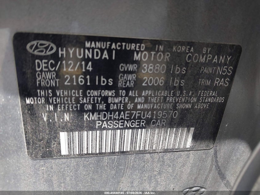 2015 Hyundai Elantra VIN KMHDH4AE7FU419570 IAAI salvage auction — FRONT END, Rebuildable (Florida), sold $1,125 on 2026-07-30 (photo 9)