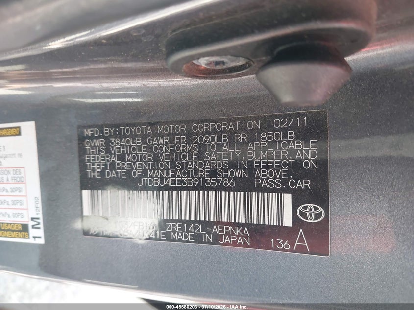 2011 Toyota Corolla VIN JTDBU4EE3B9135786 IAAI salvage auction — LEFT FRONT, Salvage (California), sold $475 on 2026-07-23 (photo 9)