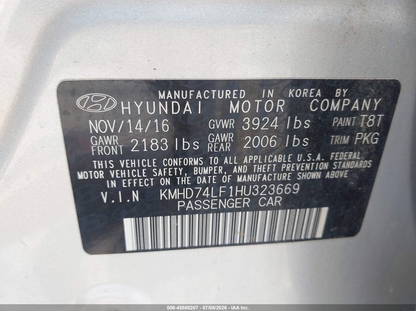 2017 Hyundai Elantra VIN KMHD74LF1HU323669 IAAI salvage auction — THEFT, Salvage Title, sold $1,250 on 2026-07-30 (photo 9)
