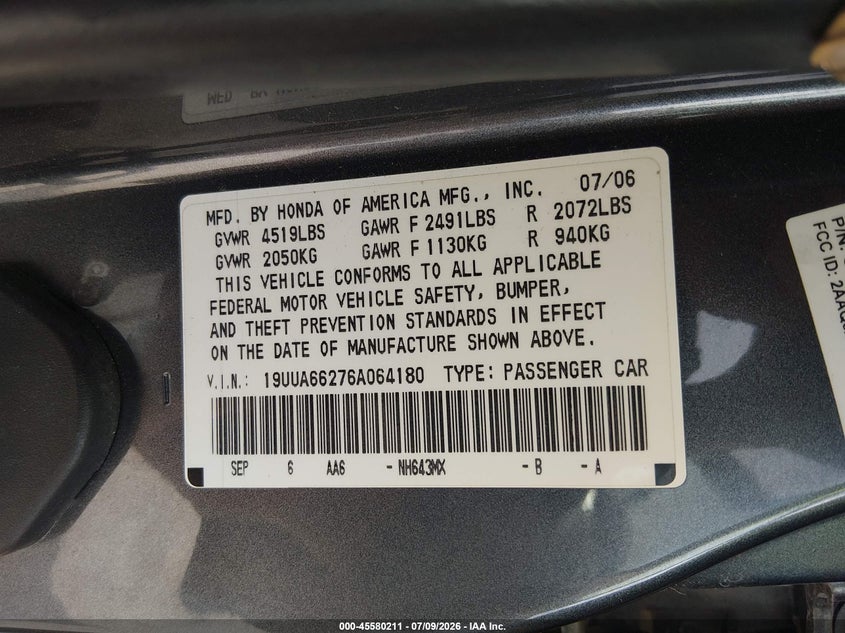 2006 Acura Tl VIN 19UUA66276A064180 IAAI salvage auction — NORMAL WEAR, Clear (Kansas), sold $200 on 2026-07-24 (photo 9)