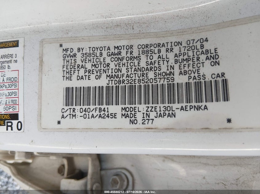 2005 Toyota Corolla VIN JTDBR32E852057759 IAAI salvage auction — NORMAL WEAR, Clear (Louisiana), sold $1,625 on 2026-07-22 (photo 8)