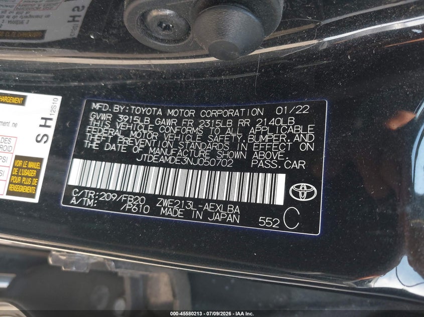 2022 Toyota Corolla VIN JTDEAMDE3NJ050702 IAAI salvage auction — LEFT REAR, Salvage Title, sold $4,550 on 2026-07-22 (photo 9)