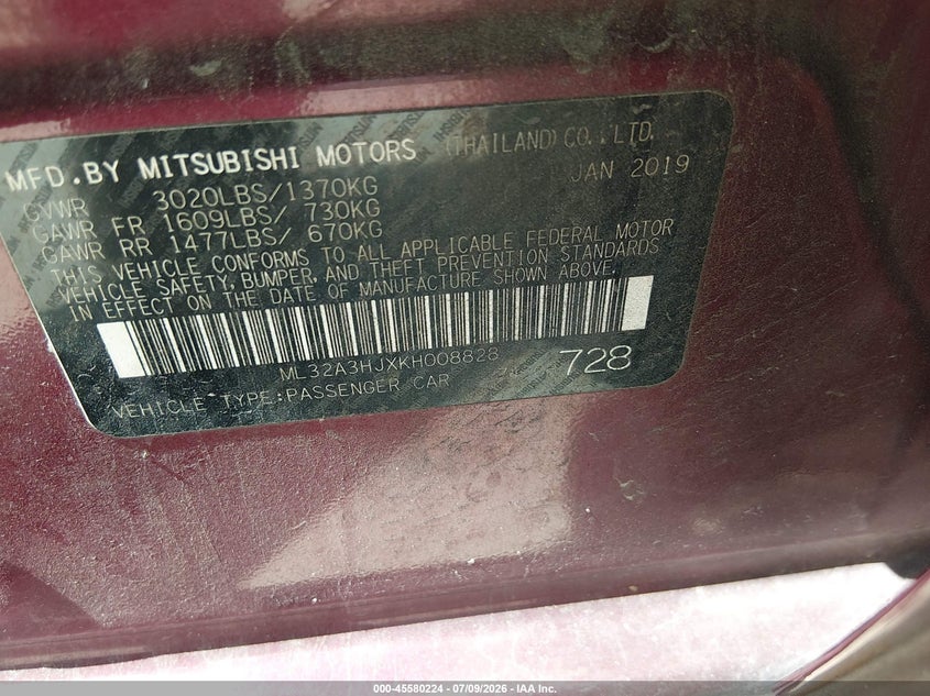 2019 Mitsubishi Mirage VIN ML32A3HJXKH008828 IAAI salvage auction — FRONT END, Salvage (Texas), sold $1,275 on 2026-07-31 (photo 9)