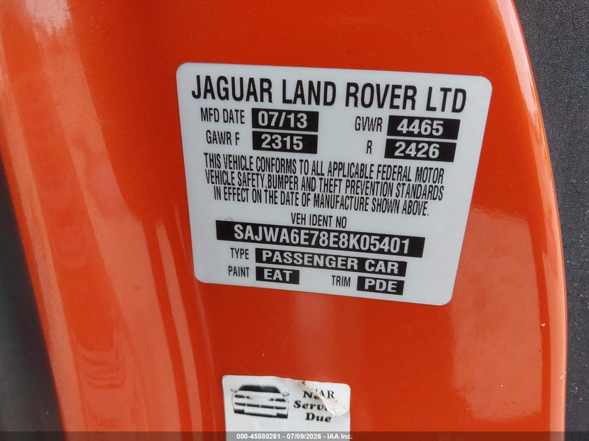 2014 Jaguar F-type VIN SAJWA6E78E8K05401 IAAI salvage auction — FRONT END, Salvage Title, sold $4,450 on 2026-07-19 (photo 9)