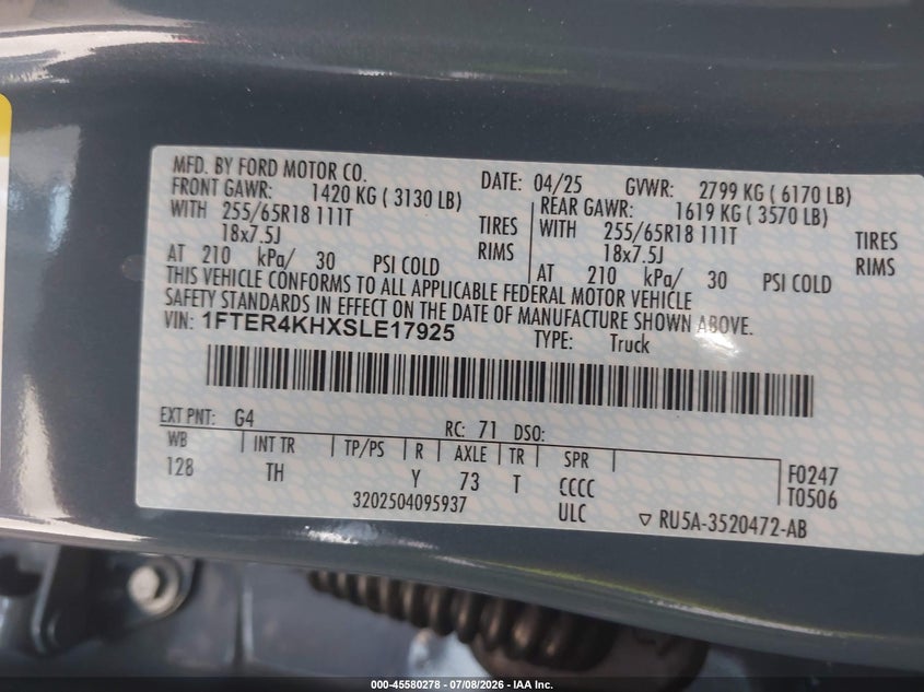 2025 Ford Ranger VIN 1FTER4KHXSLE17925 IAAI salvage auction — RIGHT FRONT, Wait Title, sold $18,050 on 2026-08-25 (photo 9)
