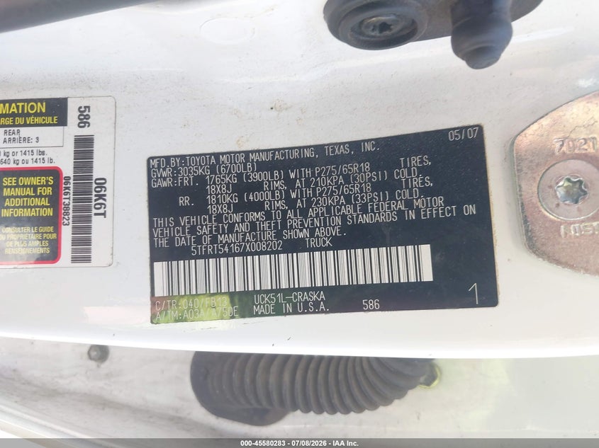 2007 Toyota Tundra VIN 5TFRT54167X008202 IAAI salvage auction — NORMAL WEAR, Clear (Washington), sold $1,550 on 2026-07-28 (photo 9)