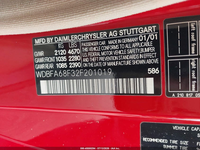 2002 Mercedes-benz Sl-class VIN WDBFA68F32F201019 IAAI salvage auction — NORMAL WEAR, Clear (Florida), sold $7,200 on 2026-07-29 (photo 9)