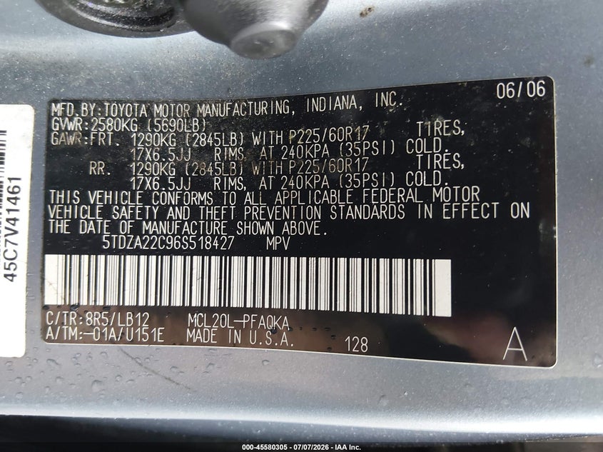2006 Toyota Sienna VIN 5TDZA22C96S518427 IAAI salvage auction — NORMAL WEAR, Clear (Rhode Island), sold $900 on 2026-07-21 (photo 9)