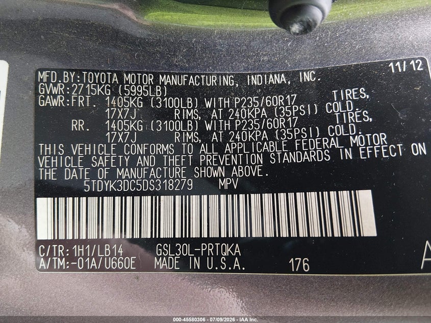 2013 Toyota Sienna VIN 5TDYK3DC5DS318279 IAAI salvage auction — FRONT END, Salvage (Ohio), sold $1,900 on 2026-07-31 (photo 9)
