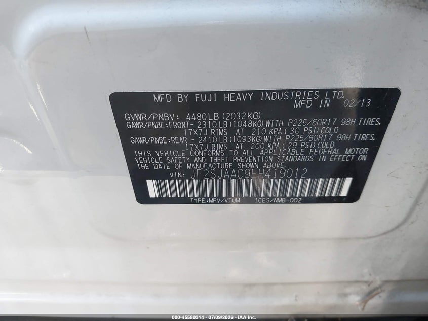 2014 Subaru Forester VIN JF2SJAAC9EH419012 IAAI salvage auction — LEFT FRONT, Salvage (California), sold $1,500 on 2026-07-23 (photo 9)