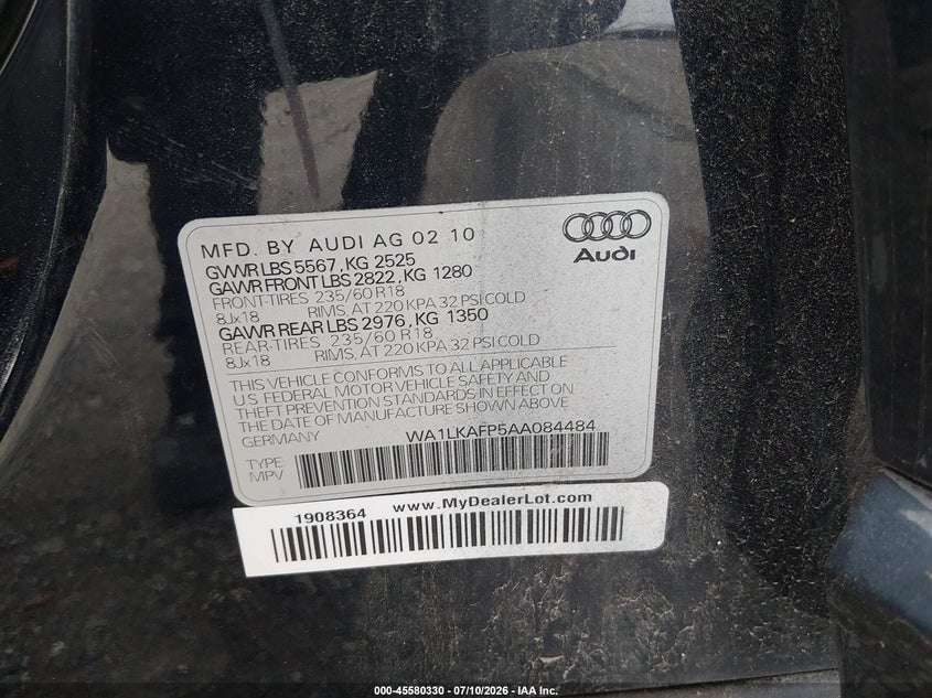 2010 Audi Q5 VIN WA1LKAFP5AA084484 IAAI salvage auction — FRONT END, Salvage (Pennsylvania), sold $1,000 on 2026-07-24 (photo 9)