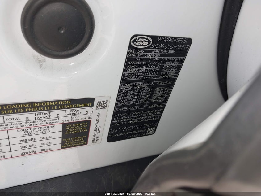 2020 Land rover Range rover velar VIN SALYM2EV7LA250172 IAAI salvage auction — FRONT END, Salvage Title, sold $13,200 on 2026-09-18 (photo 9)