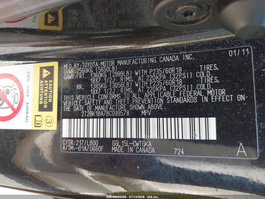 2011 Lexus Rx VIN 2T2BK1BA7BC099578 IAAI salvage auction — FRONT & REAR, Salvage - Greater Than 75% (Maryland), sold $2,350 on 2026-07-31 (photo 9)