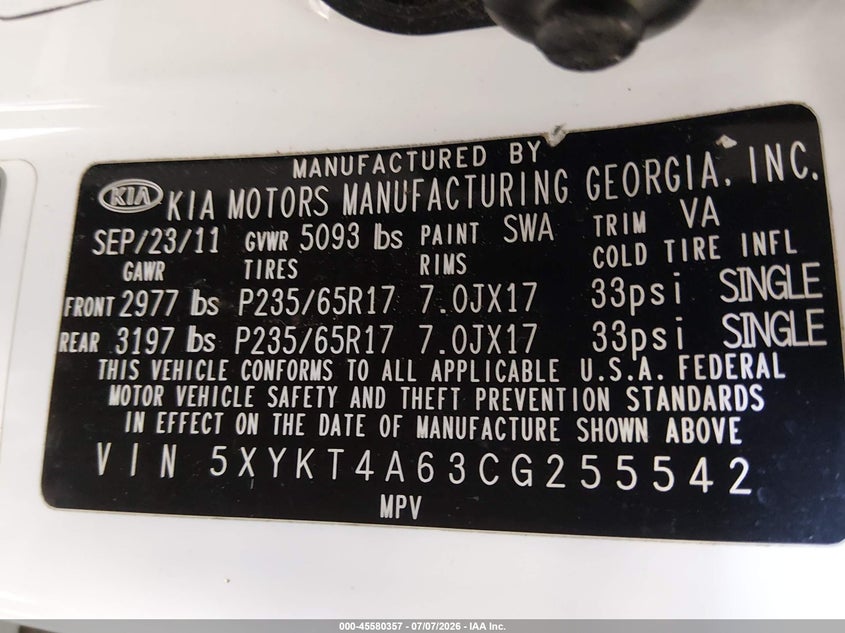 2012 Kia Sorento VIN 5XYKT4A63CG255542 IAAI salvage auction — NORMAL WEAR, Clear (Georgia), sold $625 on 2026-07-29 (photo 9)
