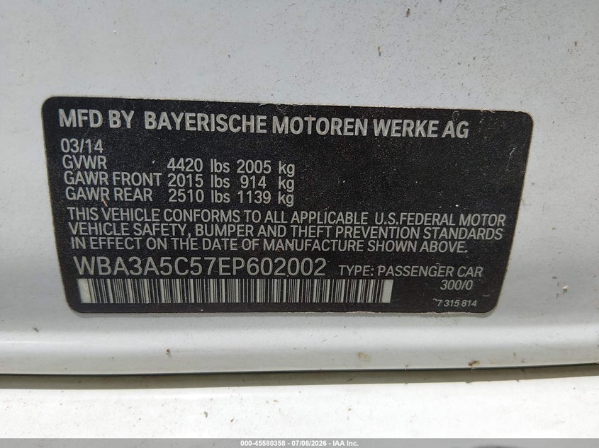 2014 BMW 3 series VIN WBA3A5C57EP602002 IAAI salvage auction — NORMAL WEAR, Original (Texas), sold $650 on 2026-08-12 (photo 9)
