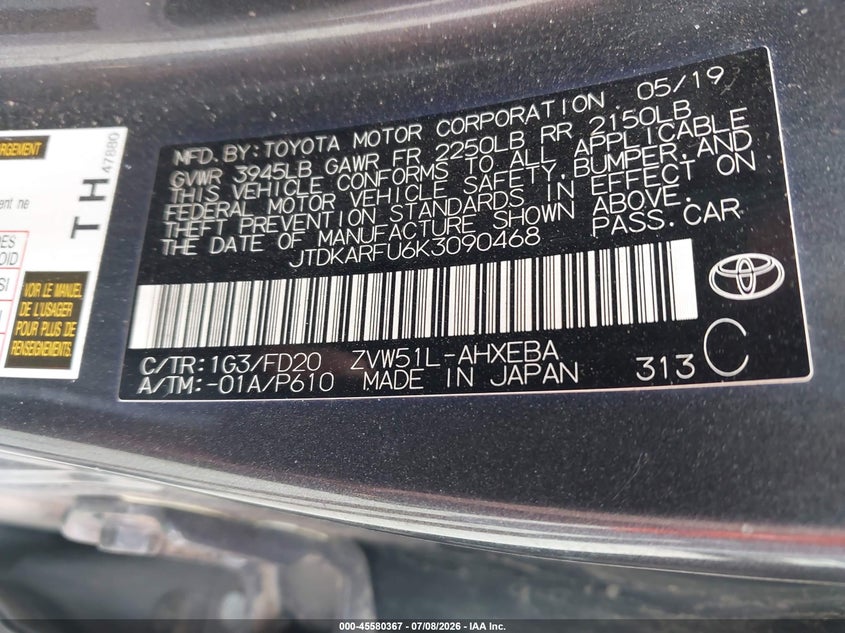2019 Toyota Prius VIN JTDKARFU6K3090468 IAAI salvage auction — HAIL, Clear (Wisconsin), sold $4,900 on 2026-07-30 (photo 9)