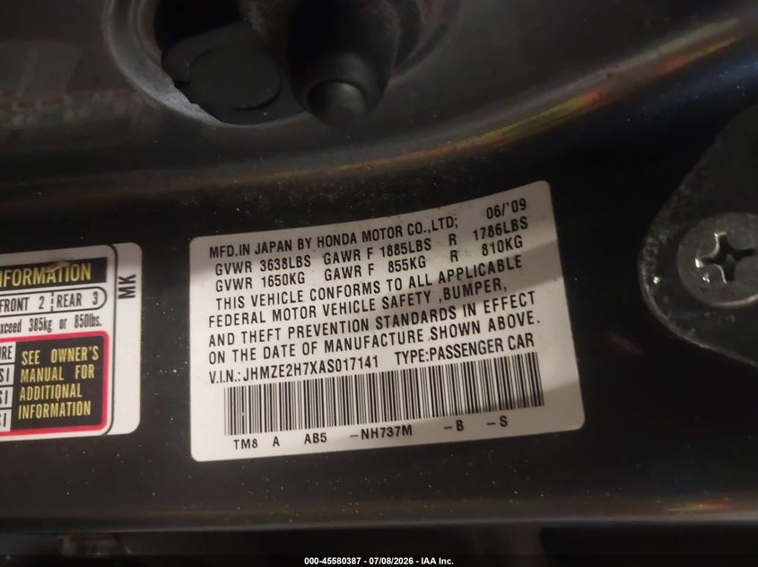 2010 Honda Insight VIN JHMZE2H7XAS017141 IAAI salvage auction — NORMAL WEAR, Clear (Minnesota), sold $950 on 2026-07-15 (photo 9)