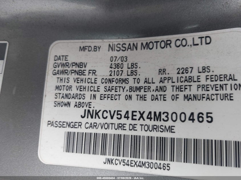 2004 Infiniti G35 VIN JNKCV54EX4M300465 IAAI salvage auction — NORMAL WEAR, Salvage (California), sold $25 on 2026-07-29 (photo 9)